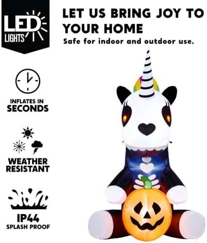 Joiedomi 5 FT Halloween Inflatable Sitting Skeleton Unicorn with LED Lights, ...