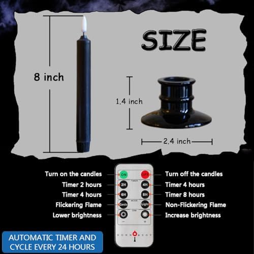 6 Pcs Halloween Black Flameless Taper Paraffin Wax Candles, Remote & Timer