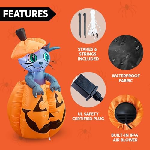 Joiedomi 5 FT Animated Pumpkin Inflatables, Outdoor Blow Up Cat On Pumpkin wi...