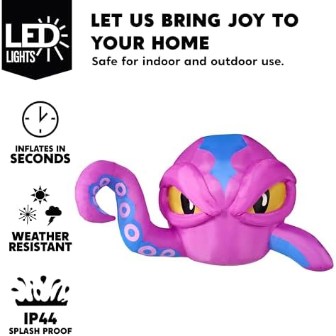Joiedomi 4 FT Tall Halloween Inflatable Purple Octopus Head with Tentacles Br...