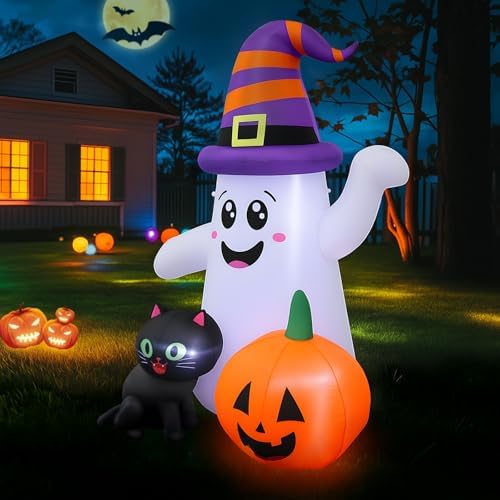 5FT Cute Halloween Inflatables Ghost, Blow Up Wizard Ghost with Pumpkin Black...