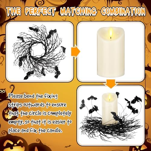 Yunlly 4 Pcs Halloween Candle Rings Wreath Black Black Twig Bat, Bat