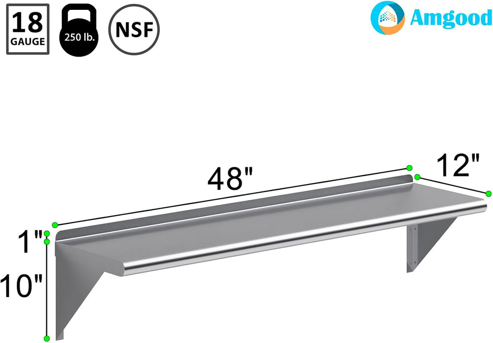 AmGood 12 in. x 48 in. Stainless Steel Wall Shelf with Backsplash - Holds 250...