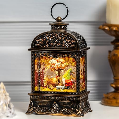Fall Decor Snow Globe Lantern, Thanksgiving Decoration Swirling Glitter Gnome...