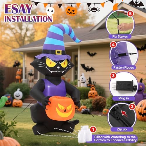 6FT Halloween Inflatable Black Cat, Lighted Yard Decoration with Witch Hat