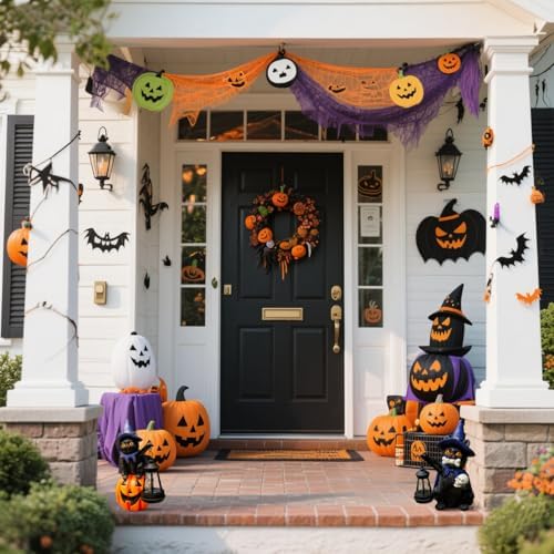 Halloween Black Cat Decor Solar Cat Garden Statues Sit On Pumpkin with LED La...