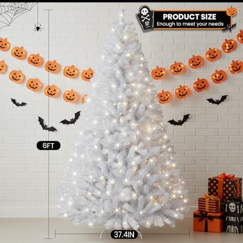Prelit White Christmas Tree 6ft - White Halloween Tree with 300 LED Lights, 7...