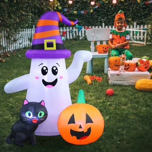5FT Cute Halloween Inflatables Ghost, Blow Up Wizard Ghost with Pumpkin Black...