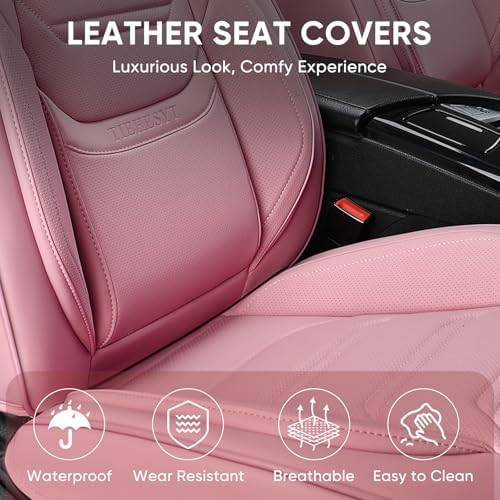 TIEHESYT Pink Car Seat Covers Full Set, Breathable Leather Automotive Front a...