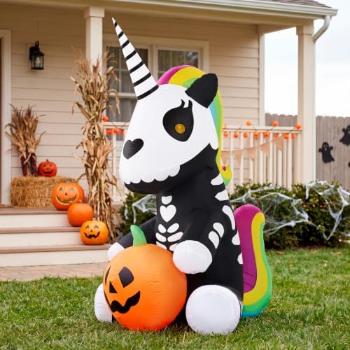 Joiedomi 5 FT Halloween Inflatable Sitting Skeleton Unicorn with LED Lights, ...