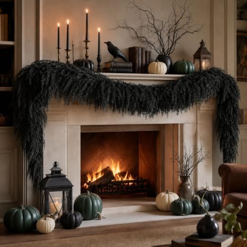 Black Halloween Mantle Garland Decor Gothic Garlands for Decorations 6Ft Fire...