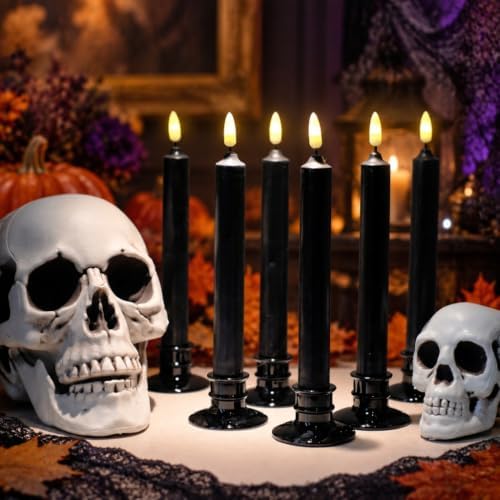 6 Pcs Halloween Black Flameless Taper Paraffin Wax Candles, Remote & Timer