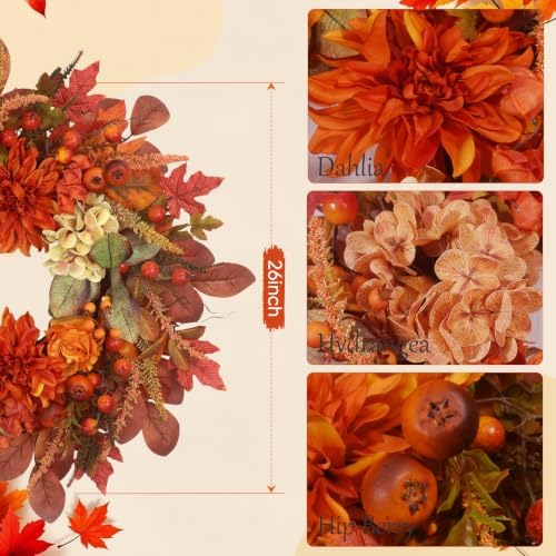 Autumn Harvest Wreath for Front Door 26 Inch, Fall Decor with Orange Dahlias ...