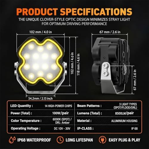 4 Inch 100W LED Pod Lights Amber DRL Clover Series Off Road Light Pods
