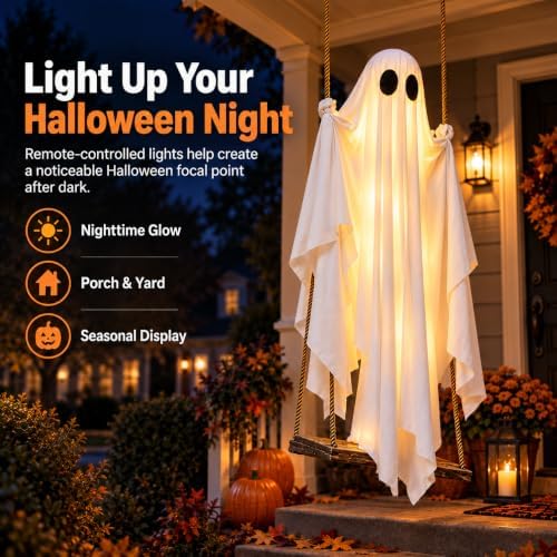 Halloween Hanging Swinging Ghost, 5 FT Light Up Ghost Porch Decor with IP65 R...