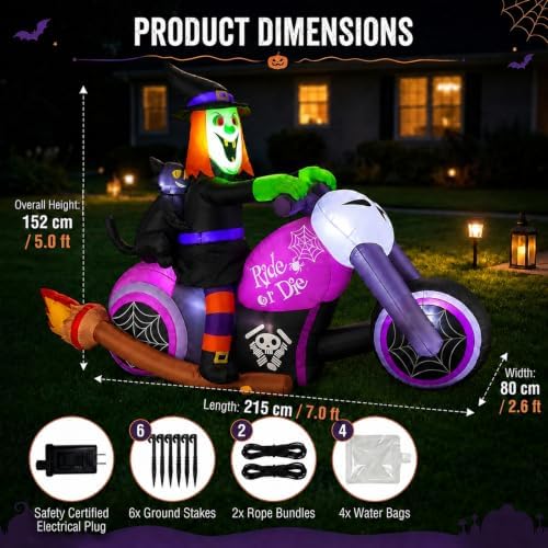 7FT Gaint Halloween Inflatables Witch on Motorcycle with Black Cat,Blow Up Ou...