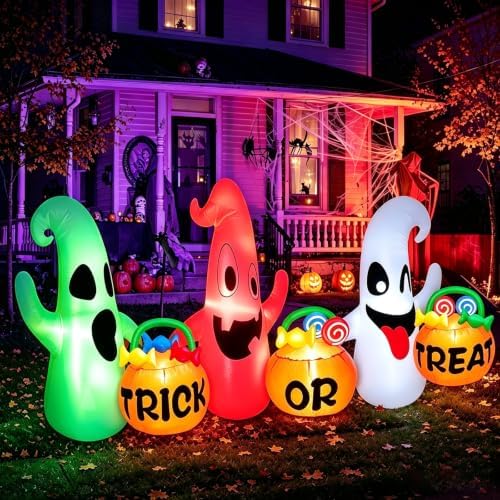 8 Ft Halloween Inflatable 3 Ghosts with Trick or Treat Pumpkin Candy Bags