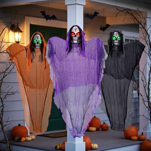 3 Packs Halloween Decorations Outdoor - BCLGSHINE Lighted Giant Hanging Skele...