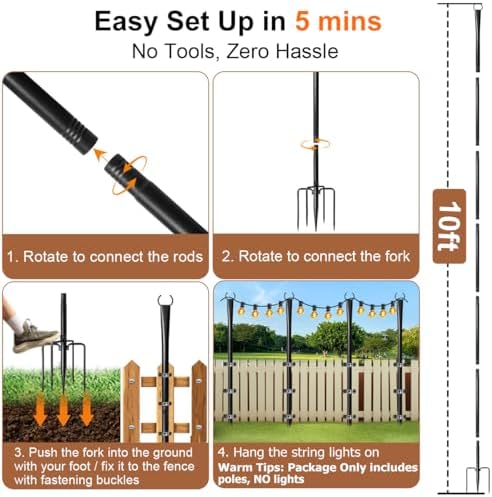 4 Pack String Light Poles for Outside, Upgraded Heavy-Duty Metal Light Poles ...