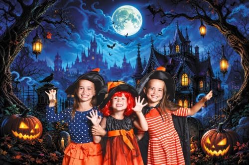 Halloween Scary Castle Backdrop 10x8ft Full Moon Haunted House Spooky Cemeter...