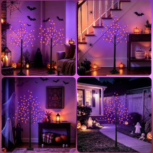 Set of 3 Lighted Black Halloween Tree Lights 4/5/6FT 300 LED Orange Purple