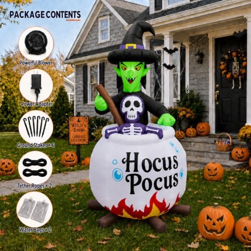 6 FT Halloween Inflatable Witch and Cauldron with RGB Lighted Halloween Blow ...
