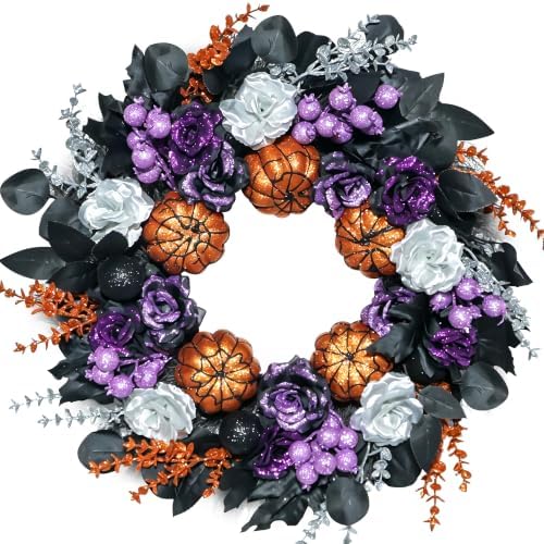24 Inch Pumpkins Purple Black Halloween Wreaths for Front Door