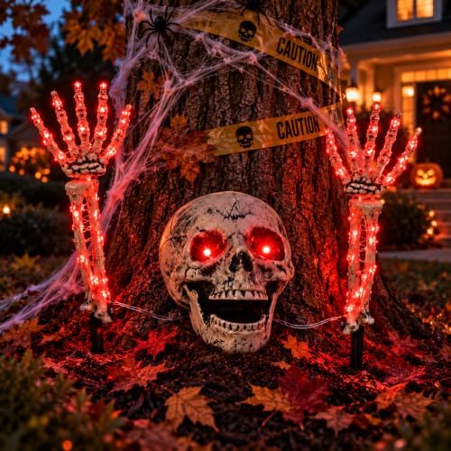 Halloween Skeleton Decorations Outdoor, Light Up Skull Head & Skeleton Ha...