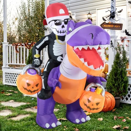 Domkom 6FT Halloween Inflatable Skeleton Riding Dinosaur Outdoor Yard Decor