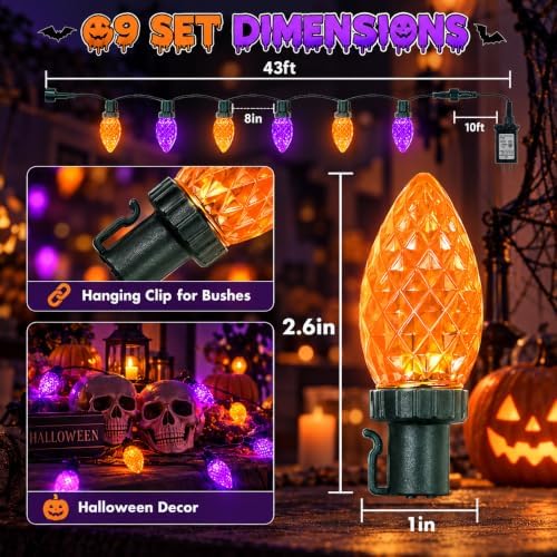 2PK 100 LED 86FT Connectable C9 Halloween Lights Outdoor, Purple and Orange