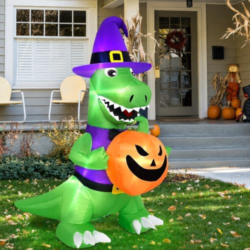 4 Ft Halloween Inflatables Witch Dinosaur Holding Pumpkin Built-in LEDs