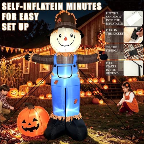 8 FT Fall Inflatables Scarecrow Decorations, Scarecrow with Pumpkin Inflatabl...