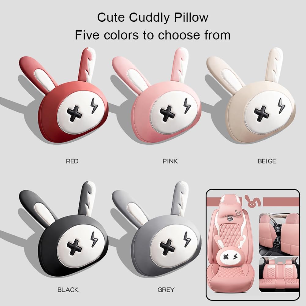 Cute Bunny Seat Cover 5 Set with Waterproof PU Leather for Cars SUV Pick-up T...