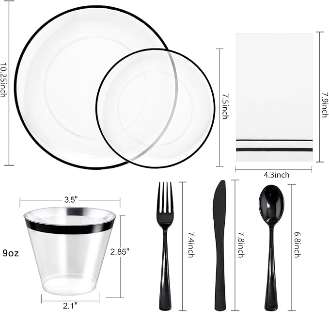 NOCCUR 350PCS Clear and Black Plastic Plates - Disposable Dinnerware Set for ...