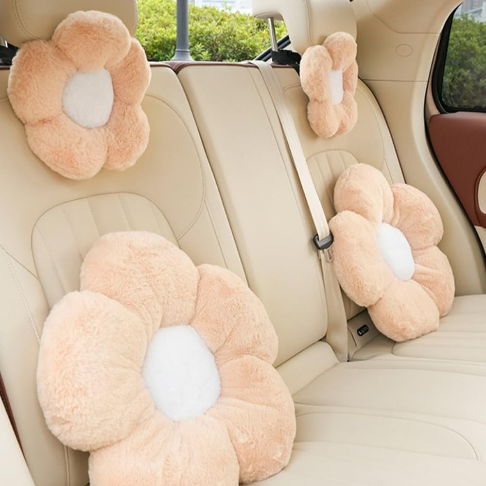 4 Pack Plush Flower Car Headrest Pillow and Lumbar Support Pillow Soft Comfor...