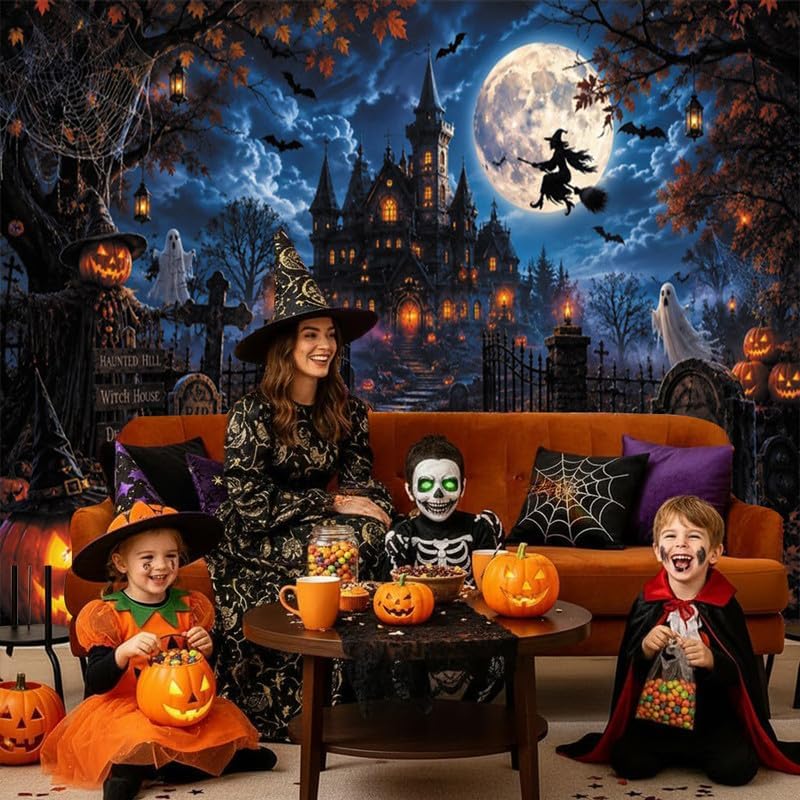 Halloween Backdrop 10x8ft Spooky Castle Full Moon Photography Background