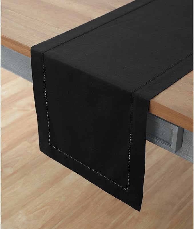 Solino Home Black Table Runner 108 Inches Long - Cotton Linen Hemstitch 14 x ...