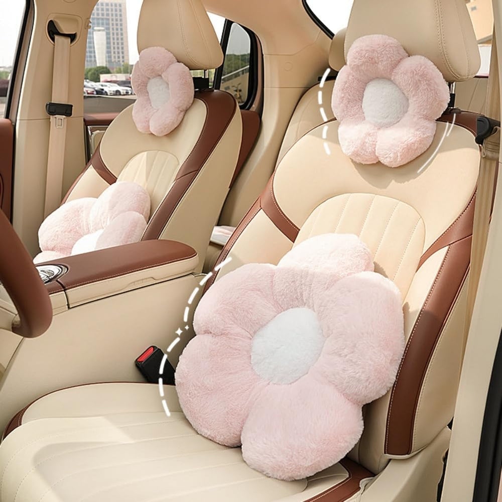 4 Pack Plush Flower Car Headrest Pillow and Lumbar Support Pillow Soft Comfor...