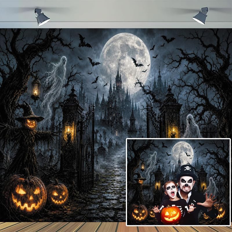 Halloween Graveyard Castle Backdrop 10x8ft, Spooky Ghost Pumpkin Gothic Haunt...