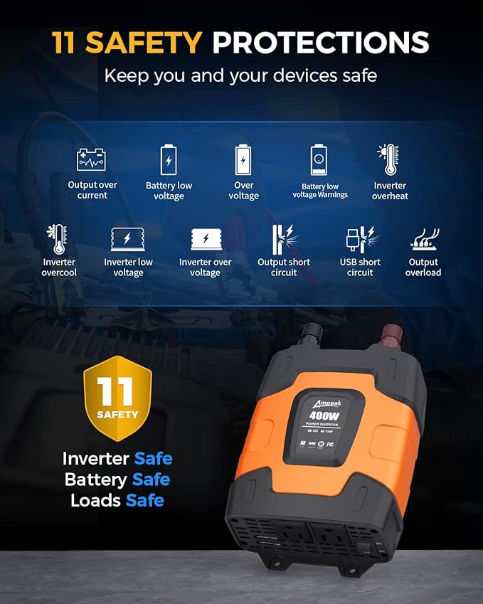 Ampeak 400W Power Inverter 4.8A Dual USB Ports 2 AC Outlets Car Inverter DC 12V