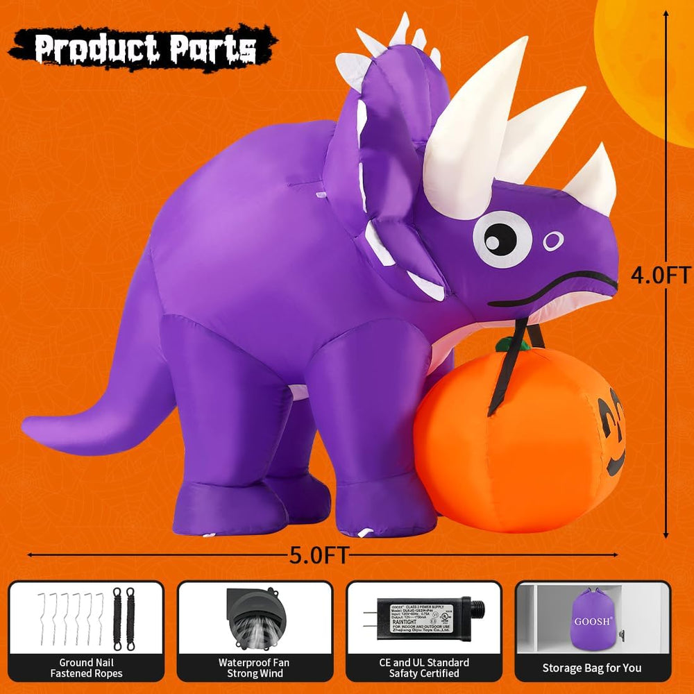 GOOSH 5 FT Width Halloween Inflatables Dinosaur Outdoor Decorations Blow Up Y...