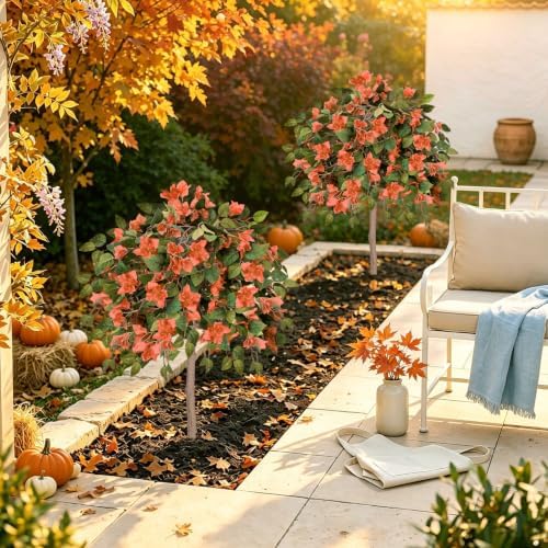 2PCS Fall Tree 4FT Artificial Bougainvillea Tree with Ground Spike UV Resista...