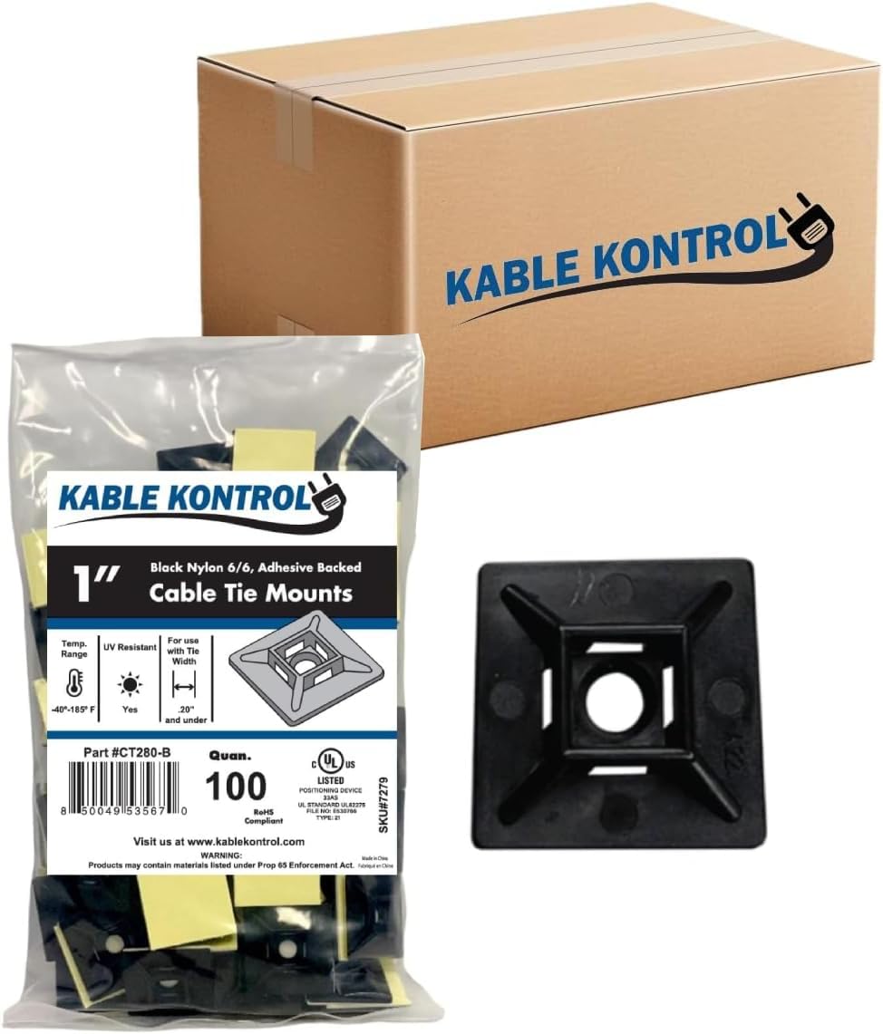 Kable Kontrol Zip Tie Mounts, 1” Black, 5500 Pcs Adhesive Backed