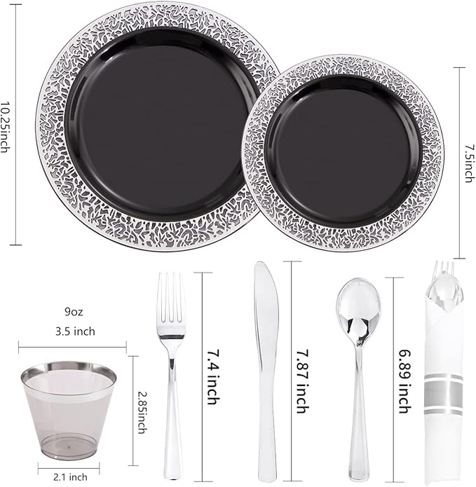 NOCCUR 210PCS Black and Silver Dinnerware Set for 30 Guests - Black Plastic P...