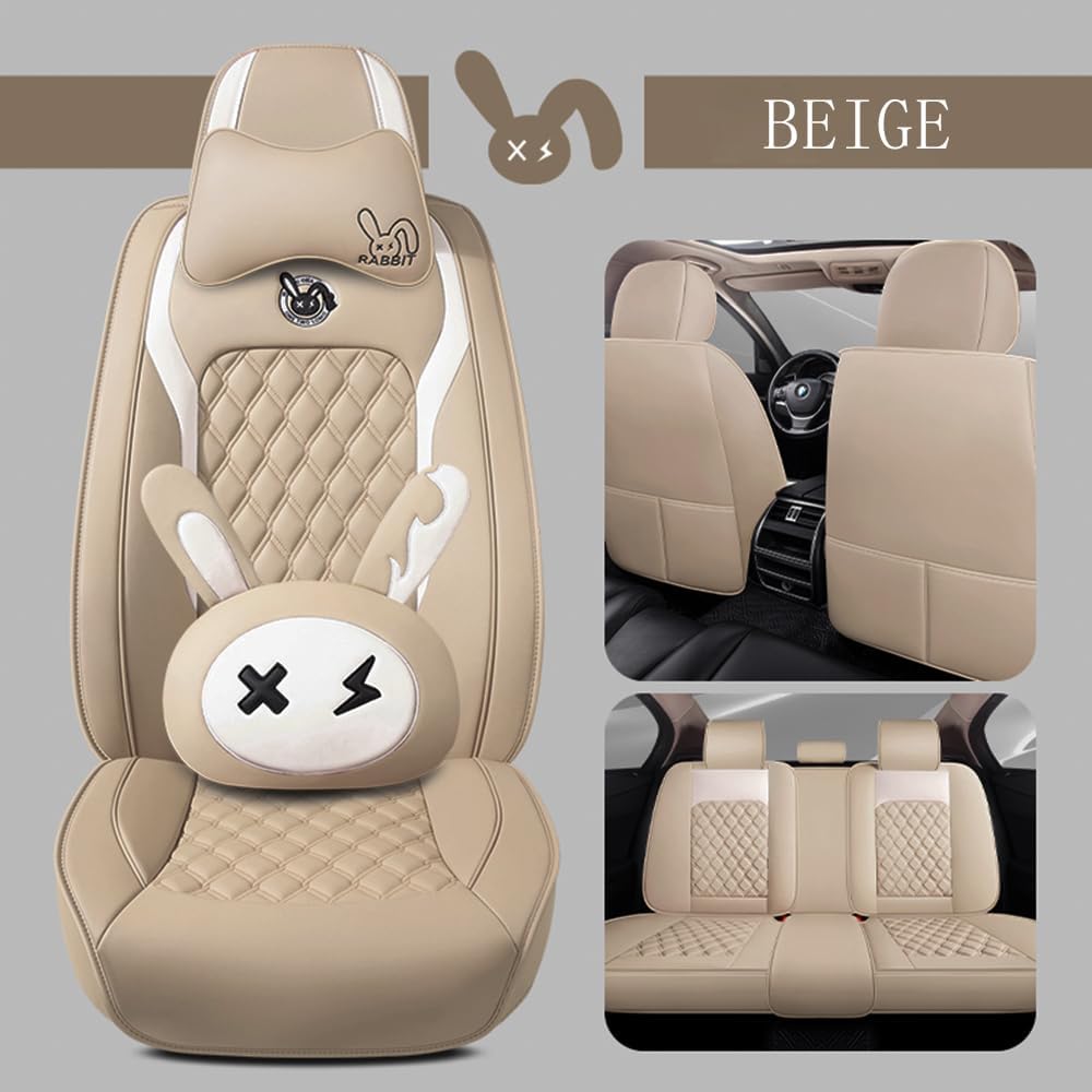 Cute Bunny Seat Cover 5 Set with Waterproof PU Leather for Cars SUV Pick-up T...