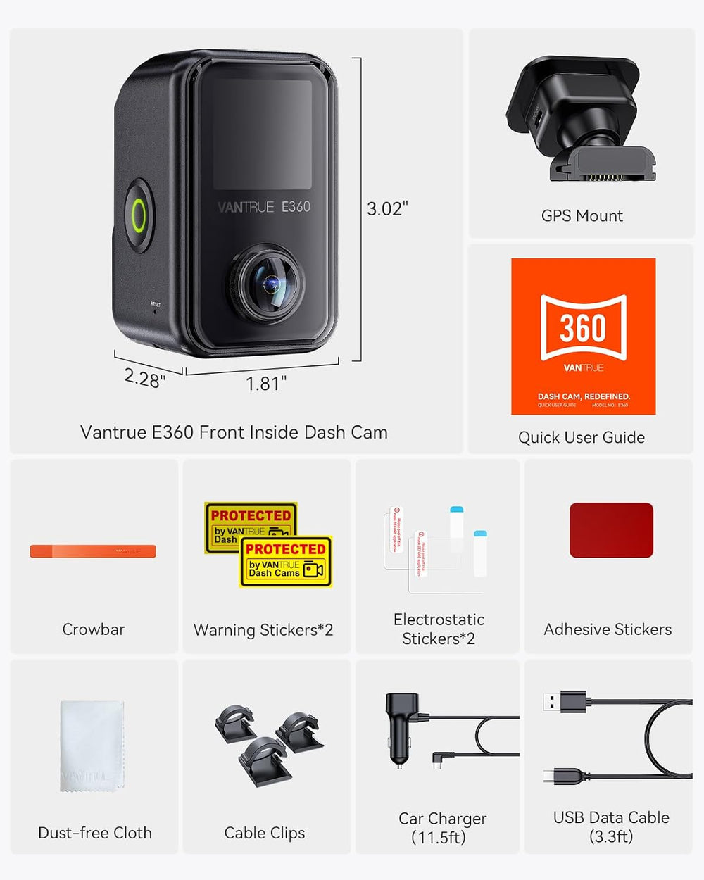 Vantrue E360 Panoramic 2 Channel Fisheye Dash Cam