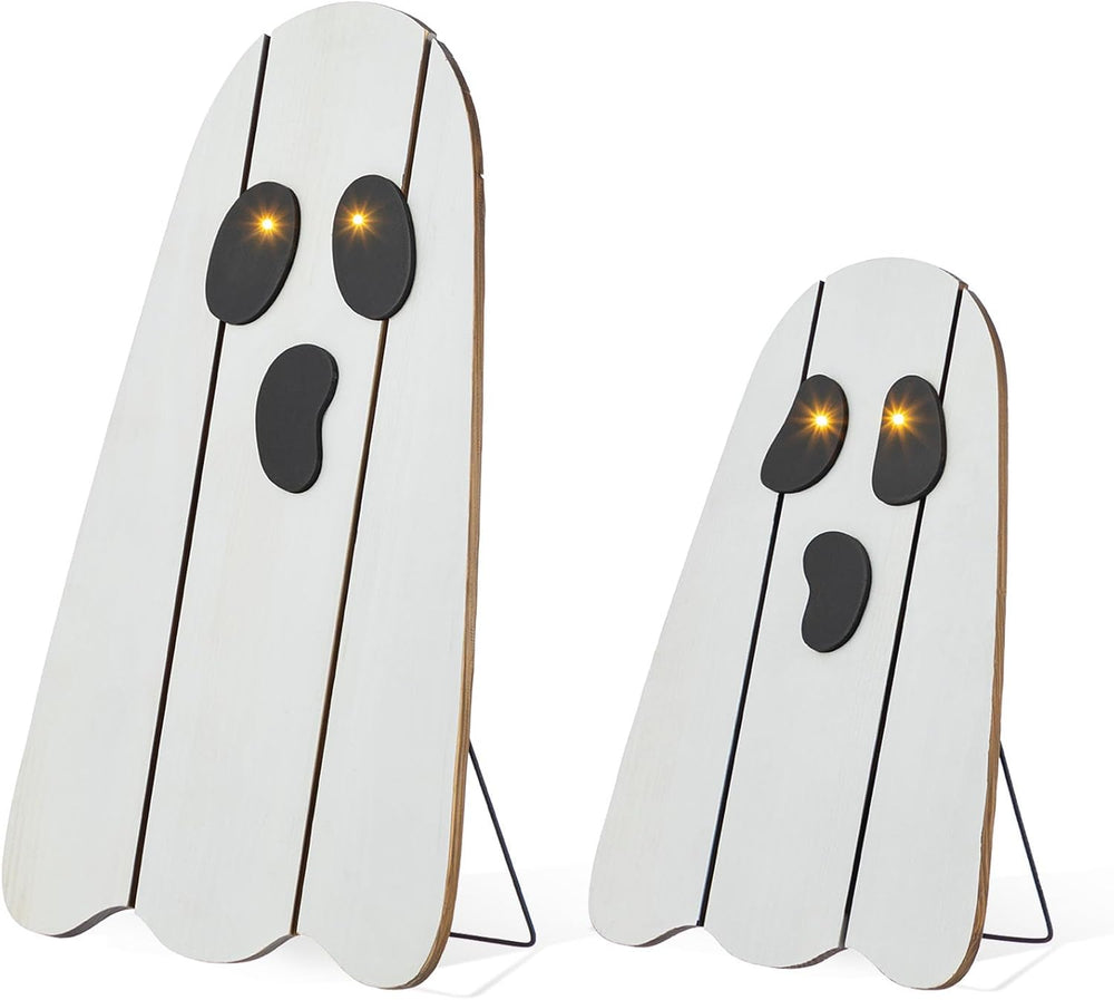 Glitzhome Set of 2 Halloween Lighted Wood Ghost Porch Decor - 24" H &...