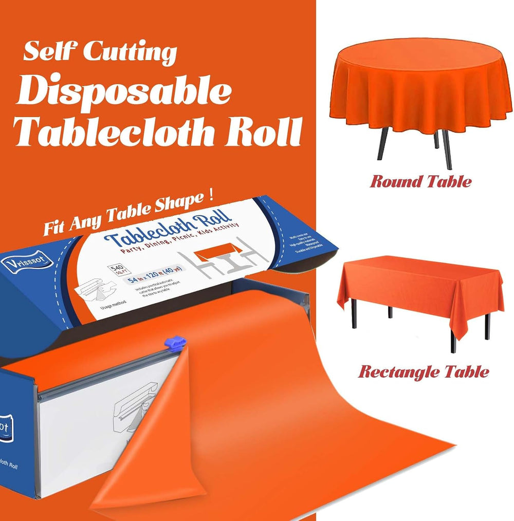 Disposable Orange Plastic Table Cover Roll 54in X 240ft - Heavy Duty Waterpro...