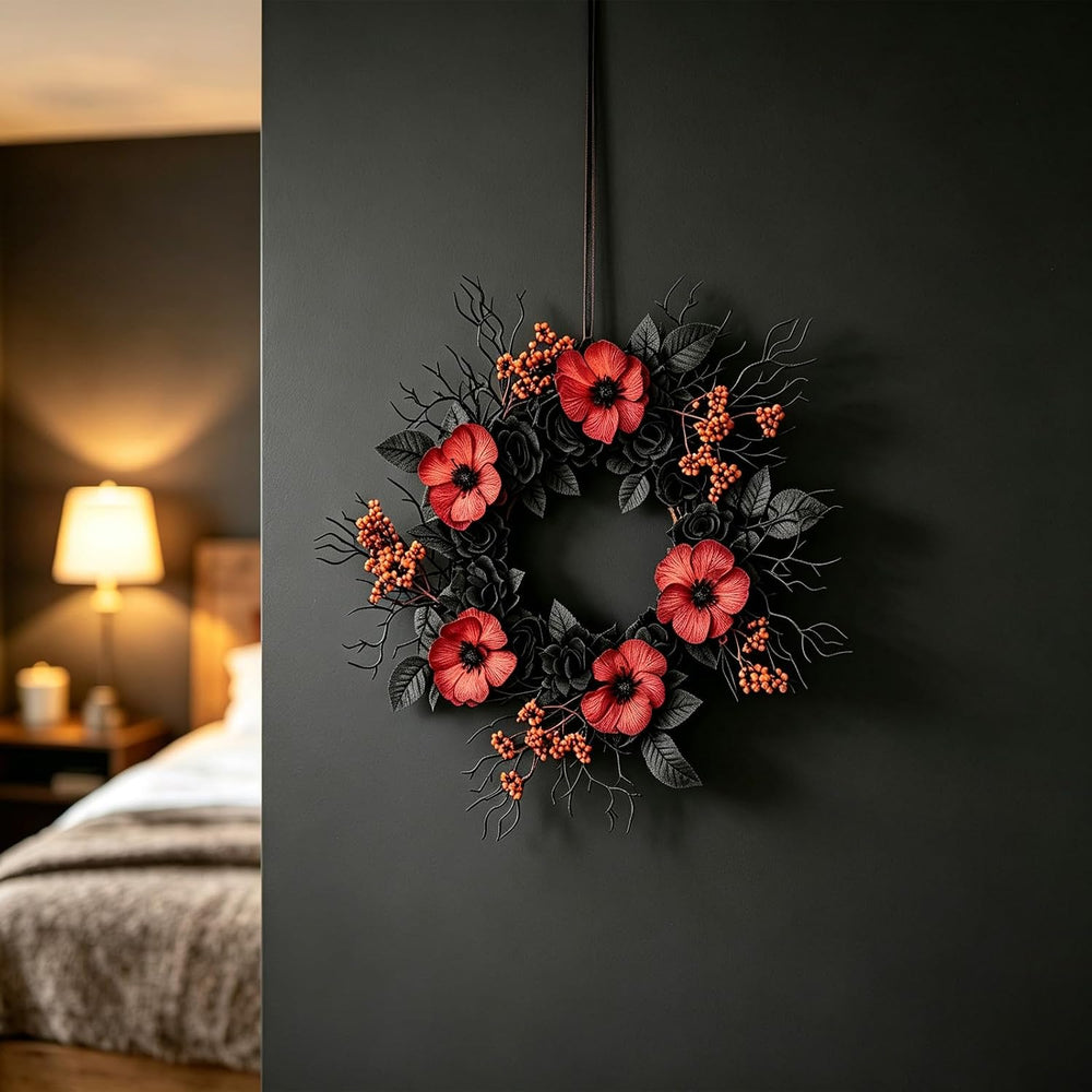 TEMPUS Halloween Wreath Set, 18 Inch, Black Rose and Poppy Berry, Handmade, f...