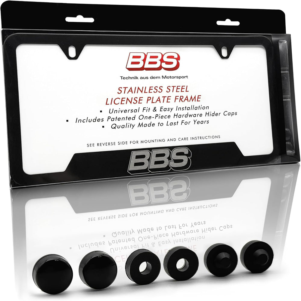 BBS Official Black Stainless Steel License Plate Frame – Made in USA – Premium